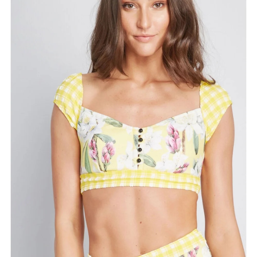Modcloth Sissone Bikini Cropped Top Retro Yellow Floral - Picture 1 of 10